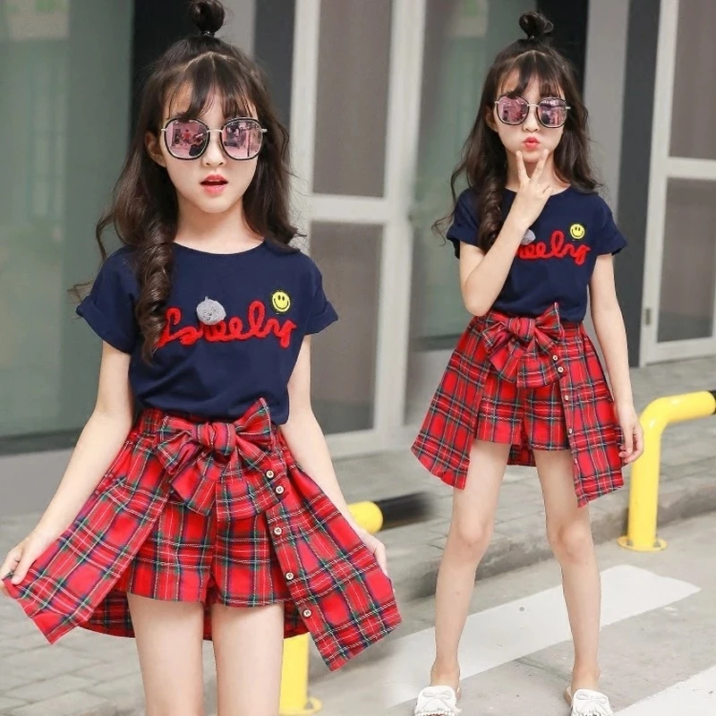 Top Trends: New Fashion Summer Girls Clothing Set Child Clothes Tracksuit Girls Boutique Outfits T-shirt + Plaid Shorts 4 6 7 8 10 12 Years Shoppable Styles