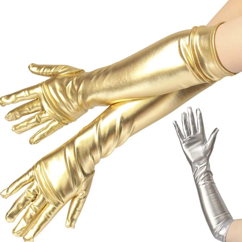 Top Trends: Ladies Gold Silver Fake Leather Metallic Gloves Evening Party Performance Mittens Women Sexy Elbow Length Long Latex Hand Wear Shoppable Styles