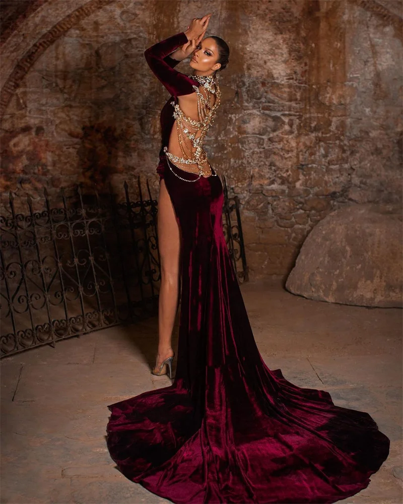 Top Trends: Dark Red Velvet Prom Dresses High Neck Long Sleeves Evening Dress Custom Made Beads Side Split Glitter Party Gown Shoppable Styles - Image 3