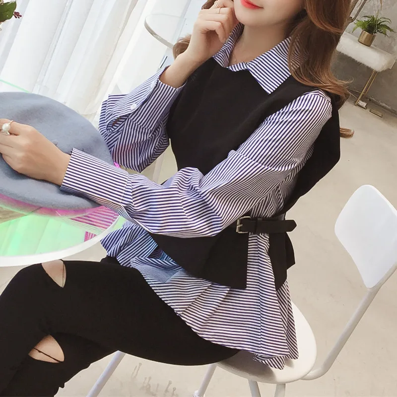 Top Trends: Two Piece Blouse Women Long Sleeve Vest And Blouse Korean Stripe Shirts Spring Autumn Tops Blusas Mujer Shoppable Styles