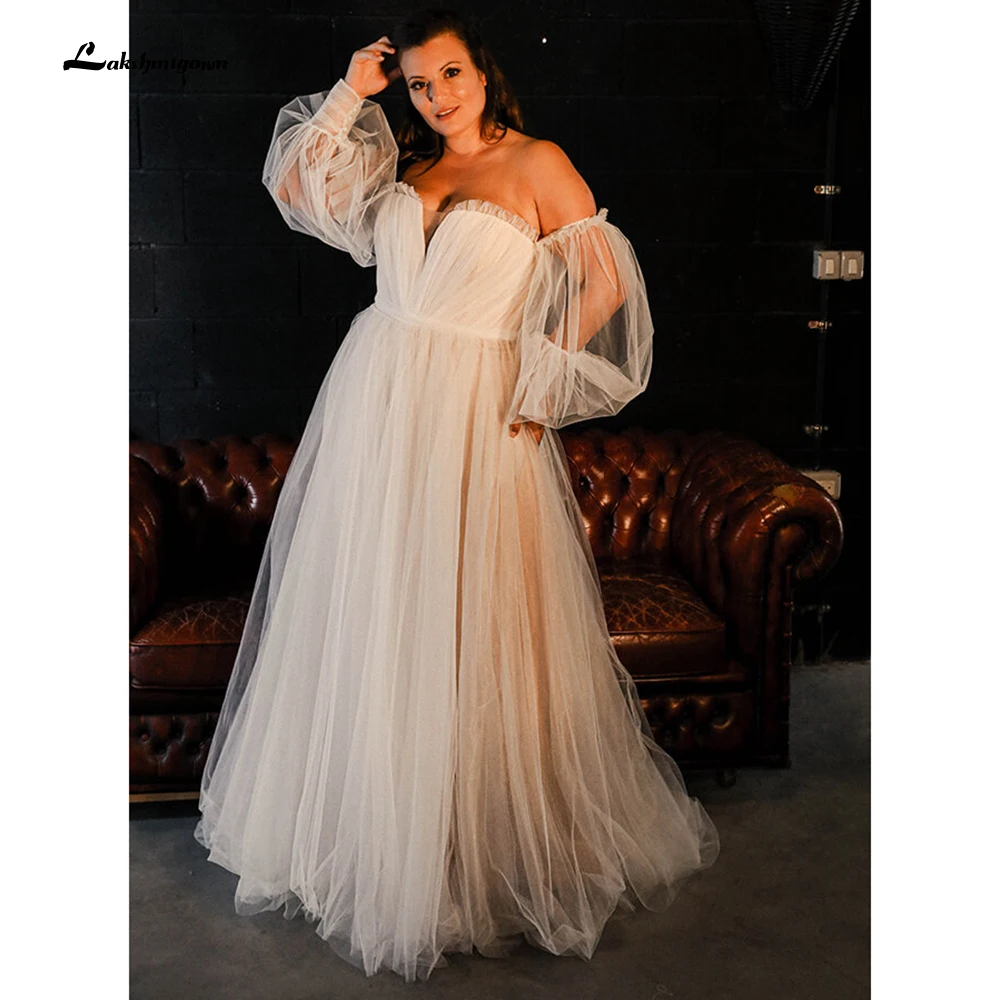 Top Trends: Plus Size A-Line Beach Wedding Dress Long Puff Sleeve Lace Bridal Gown Feathers Custom Made Princess Wedding Party Gowns Boho Shoppable Styles