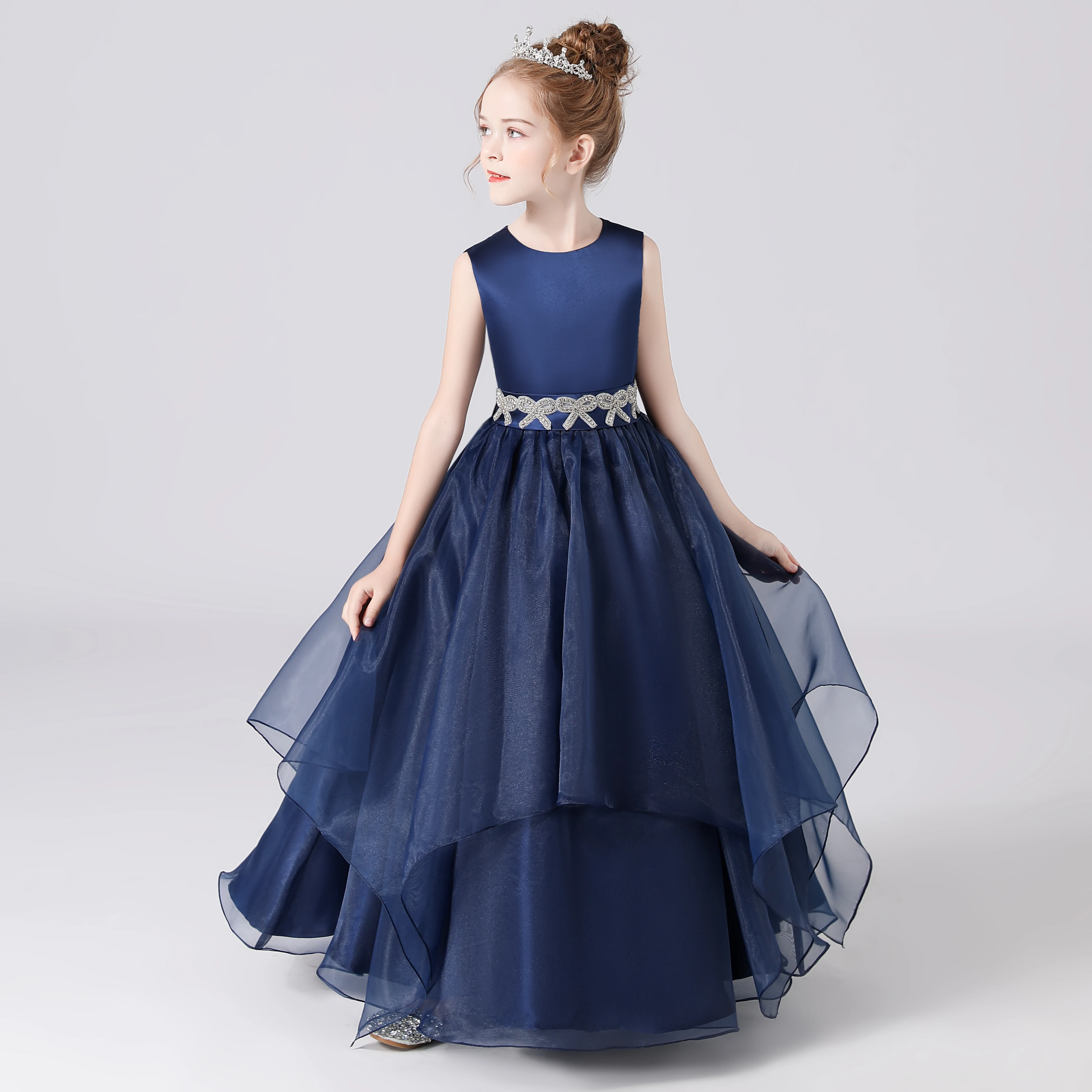 Top Trends: Dideyttawl Navy Blue Sashes Beaded Bow Tiered Flower Girls Dresses Organza Princess Formal Dresses Kids Birthday Party Gown Shoppable Styles