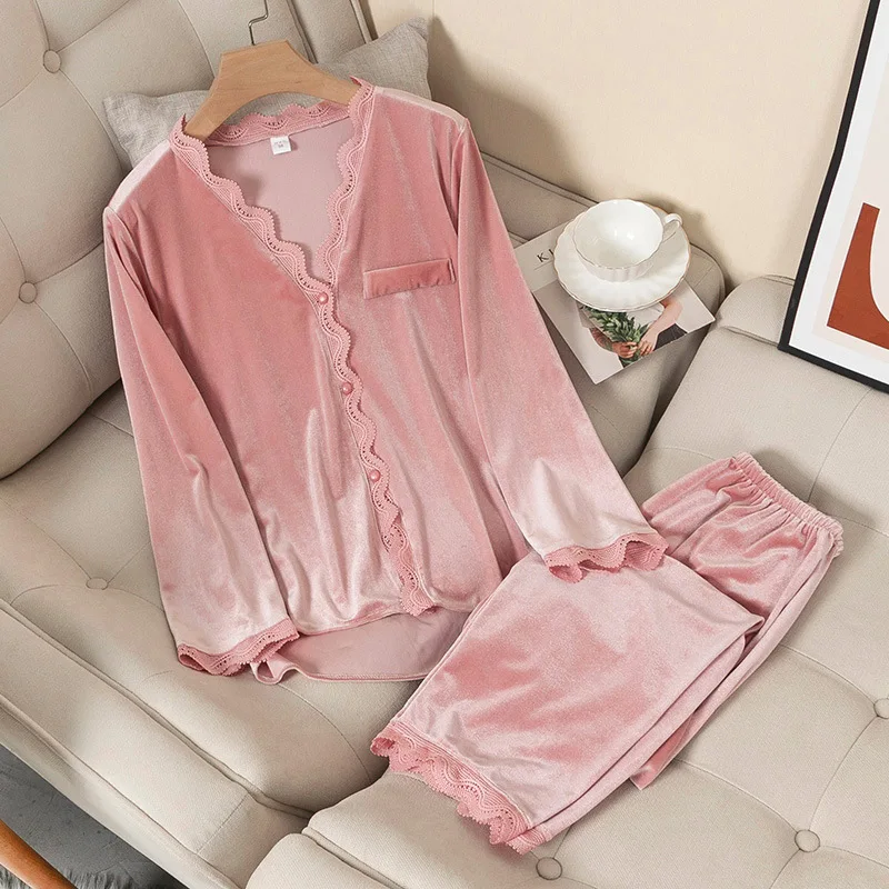 Top Trends: Velvet Pajamas Women Autumn Winter Sleepwear Long Sleeve Casual Nightwear Pyjamas Suit Loose Home Clothes Lace Trim Sleep Set Shoppable Styles