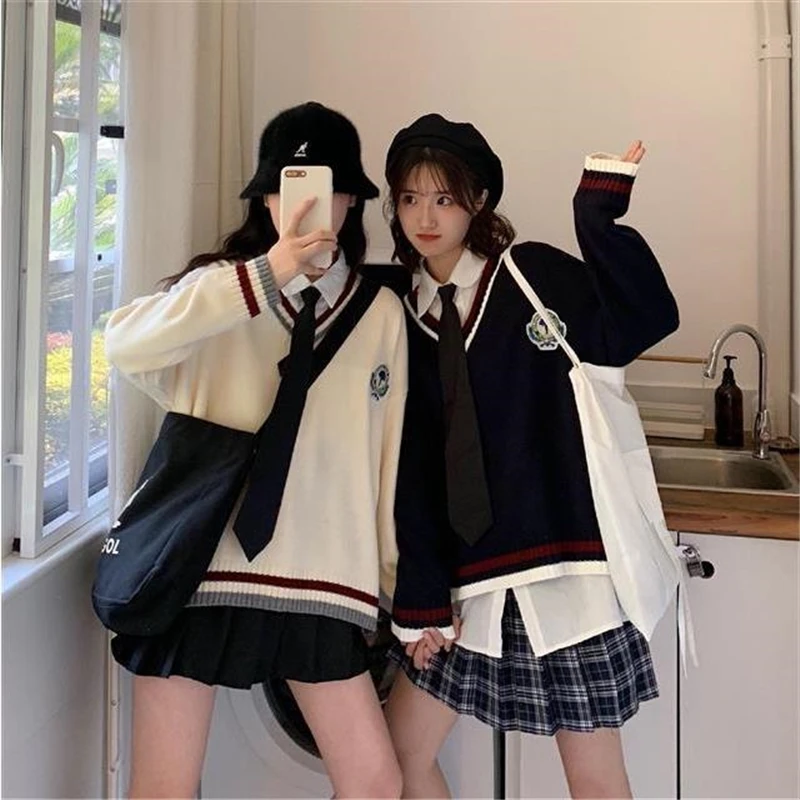 Top Trends: New 2021 Japanese Preppy Pullover Jk Sweater Loose Casual Long Sleeves Student Long-sleeved Knit V-neck Pullover School Uniform Shoppable Styles