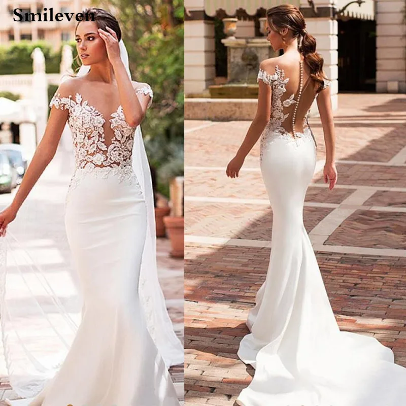 Top Trends: Smileven Mermaid Wedding Dress 2020 Satin Cap Sleeve Vestido De Noiva Lace Bohemian Bride Dresses With Romantic Buttons Shoppable Styles