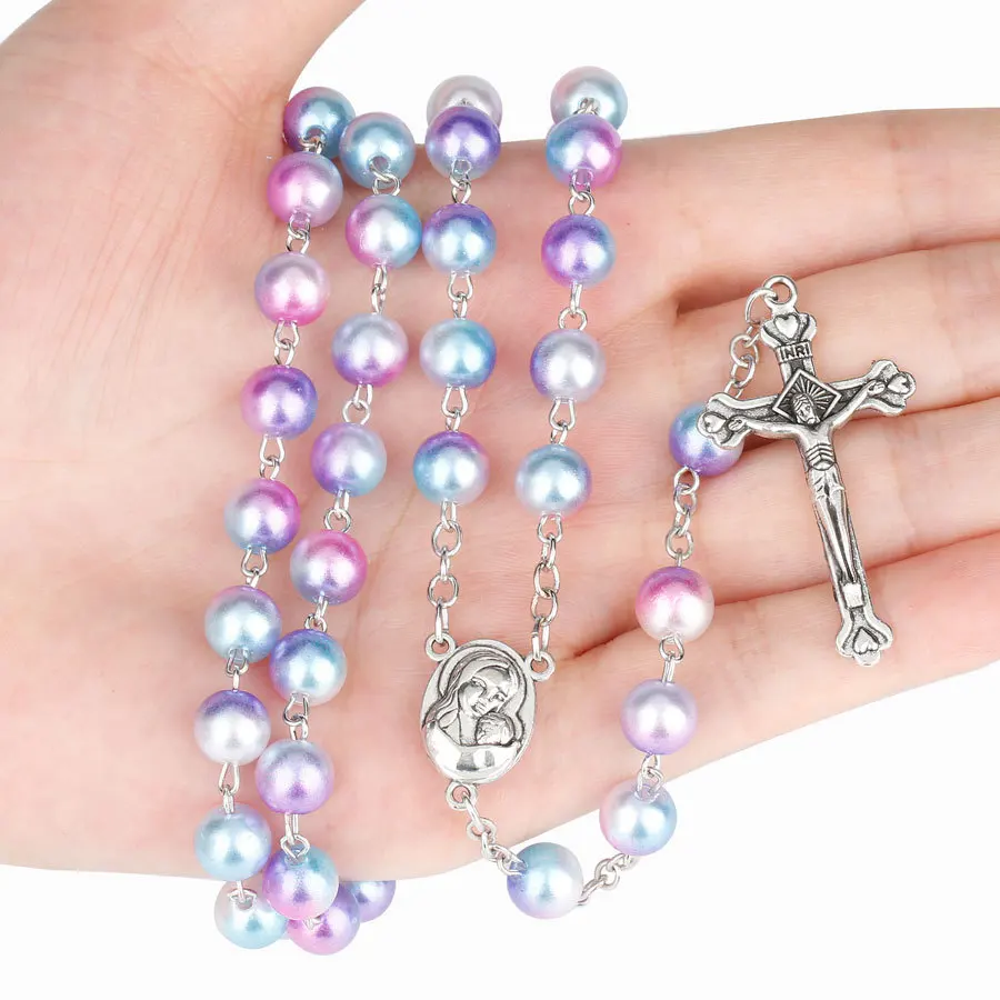 Top Trends: 12 Colors Religion Rosary Necklace For Women Christian Virgin Mary Jesus Cross Pendant Long Beads Chains Fashion Jewelry Gift Shoppable Styles