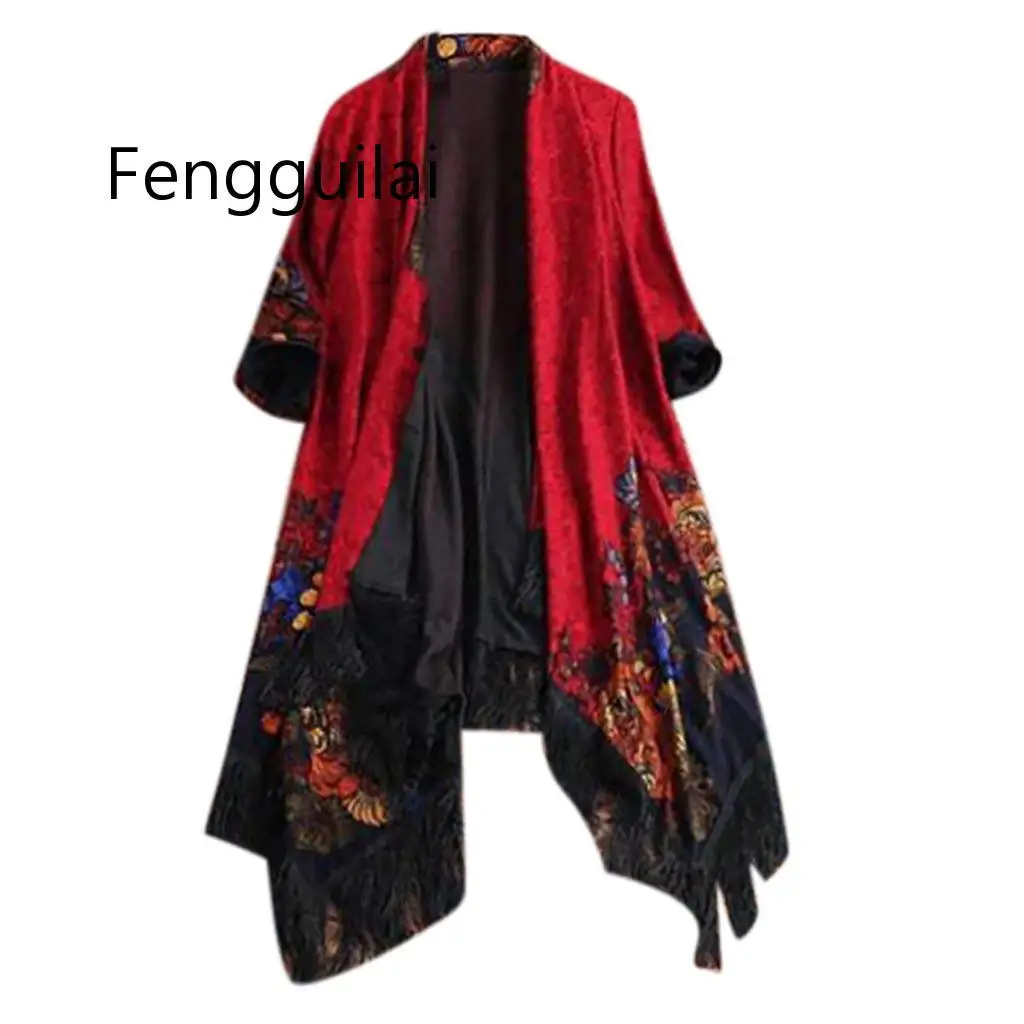 Top Trends: 2022 FENGGUILAI Long Women Ethnic Floral Tassel Cardigan Tops Ladies Casual Loose Outwear Jacket Shoppable Styles