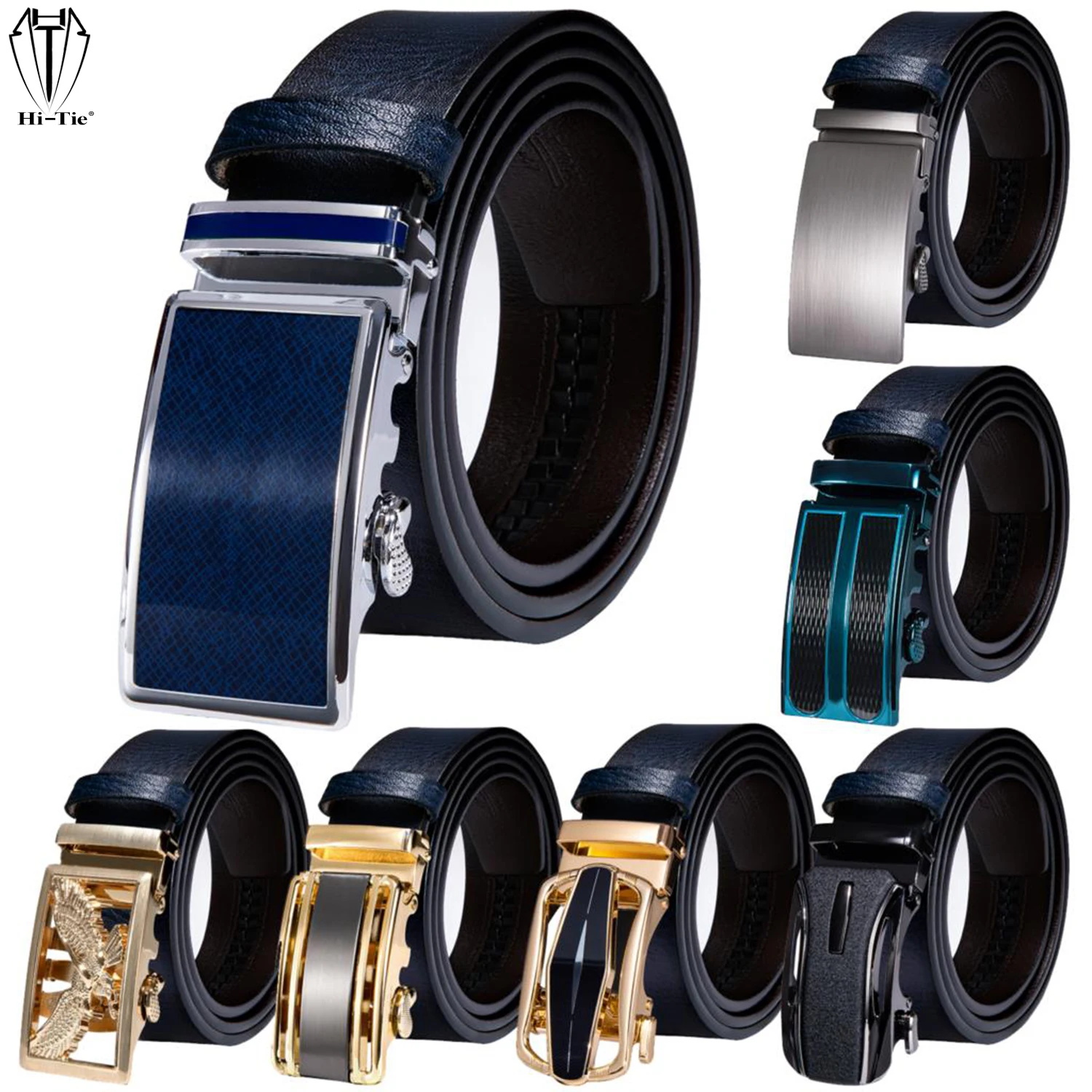 Top Trends: Hi-Tie 50 Kinds Dark Blue Genuine Leather Mens Belts For Men Belt Automatic Buckles Ratchet Waist Dress Jeans Straps Removable Shoppable Styles