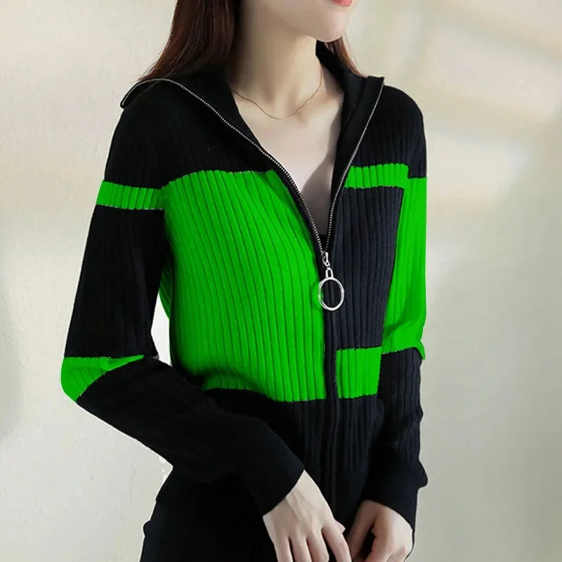 Top Trends: Fashion Knitted Jacket Female 2022 Autumn Striped Slim Caot Simple Contrast Color All-Match Zipper Cardigan Women Blousers 756 Shoppable Styles