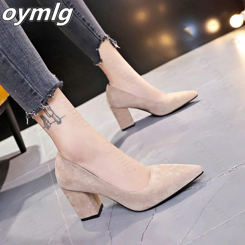 Top Trends: New Women Pumps Flock Sweet Thick High Heels Female Sexy Office Pointed Toe Dress Work Pump Cute Shoes Ladies Footwear Shoppable Styles