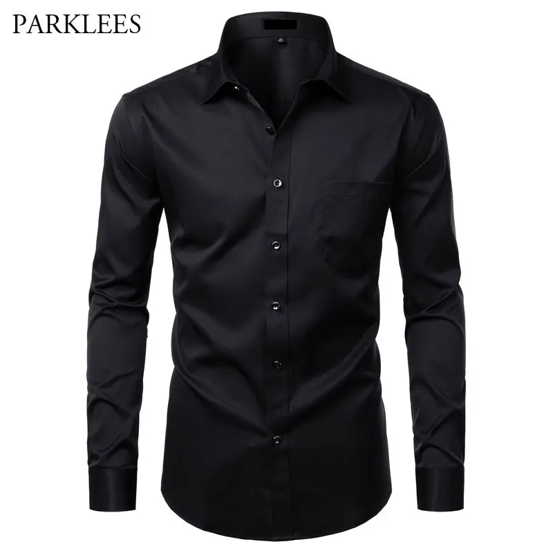 Top Trends: Black Bamboo Fiber Shirt Men Casual Slim Fit Mens Dress Shirts Solid Color Elastic Button Up Social Male Shirts With Pocket 4XL Shoppable Styles