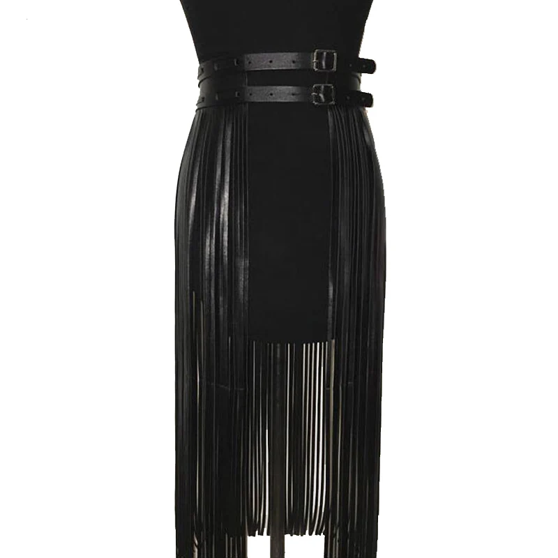 Top Trends: Boho Gothic High Waist Faux Leather Tassels Skirt Body Harness Belts Punk Rock Sexy Long Fringe Buttons Halloween Party Dress Shoppable Styles