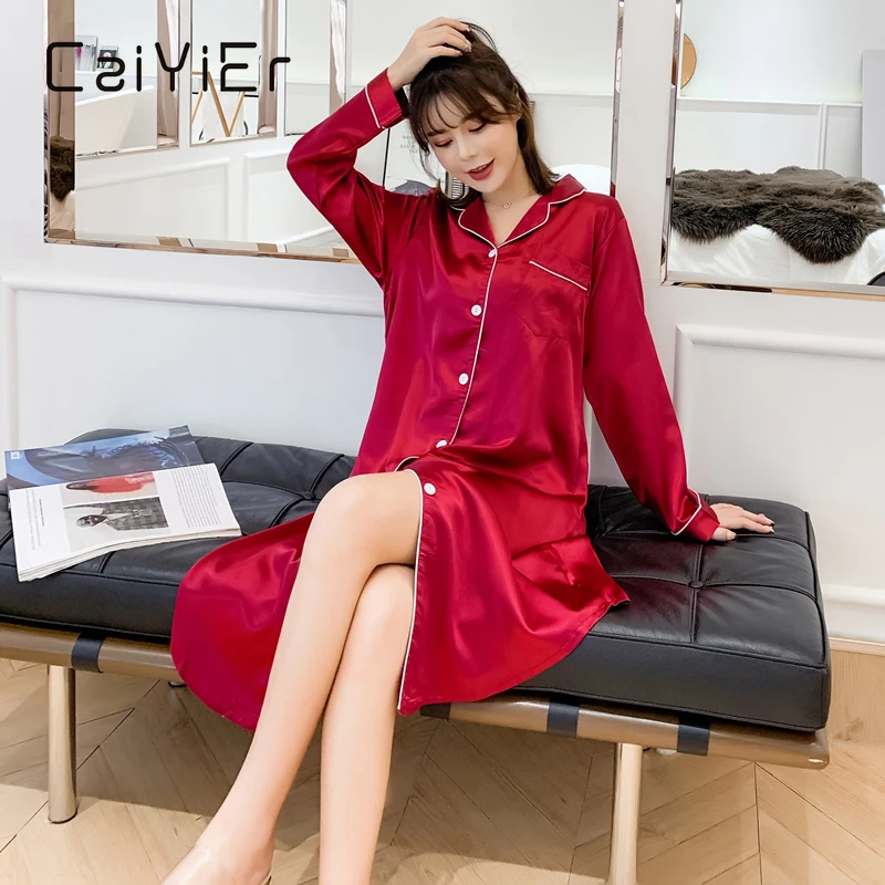 Top Trends: CAIYIER Solid Red Silk Night Dress Winter Long Sleeve Women Sleepshirts Sexy Loose Turn-down Collar Large Size Homewear M-3XL Shoppable Styles