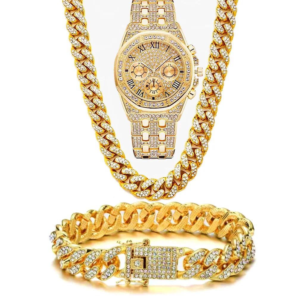 Top Trends: Luxury Iced Out Watch For Men Women Hip Hop Miami Bling CZ Cuban Chain Big Gold Chain Necklace Paved Rhinestones Men Jewelry Set Shoppable Styles