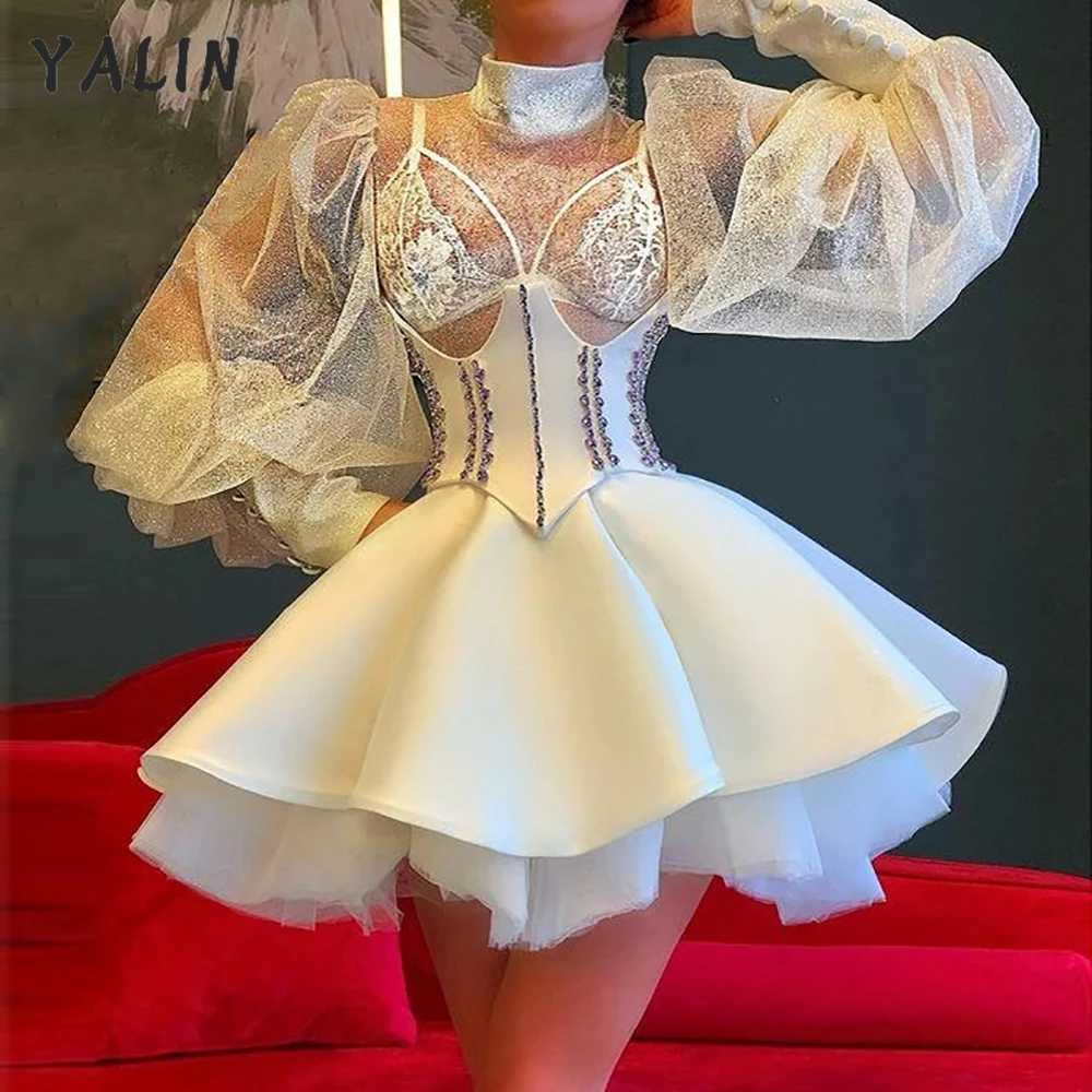 Top Trends: YALIN Little White Gown High Neck Short Puffy Homecoming Dresses Illusion Long Sleeve Aso Ebi Arabic Formal Vestidos De Fiesta Shoppable Styles