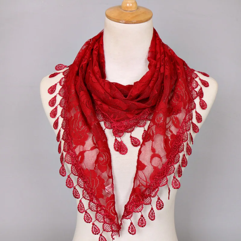 Top Trends: Women Lace Scarf Pure Color Lace Tassel Headscarf Triangle Scarf Hollow Out Tassel Shawls Scarves Thin See Through Scarf Red Shoppable Styles