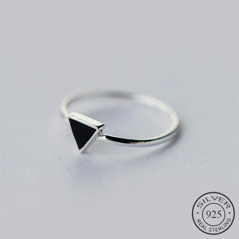 Top Trends: Real 925 Sterling Silver Geometric Black Enamel Triangle OL Adjustable Ring Minimalist Fine Jewelry For Women Party Gift Shoppable Styles