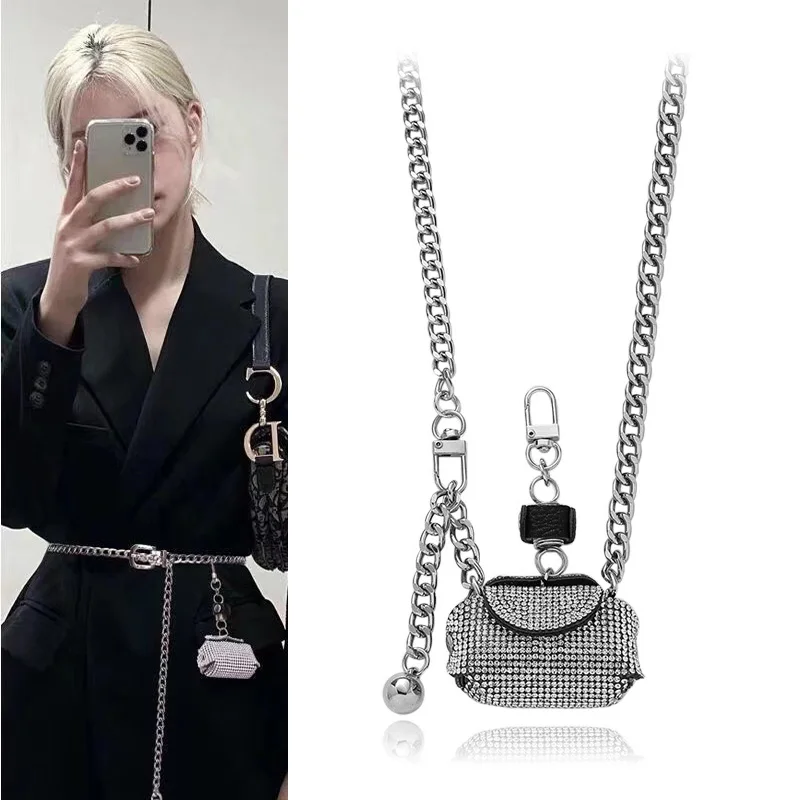 Top Trends: Internet Celebrities Silver Female Metal Chain Belt Diagonal Span Mini Full Diamonds Waist Bag Accessories Ins Tide Thin Strap Shoppable Styles