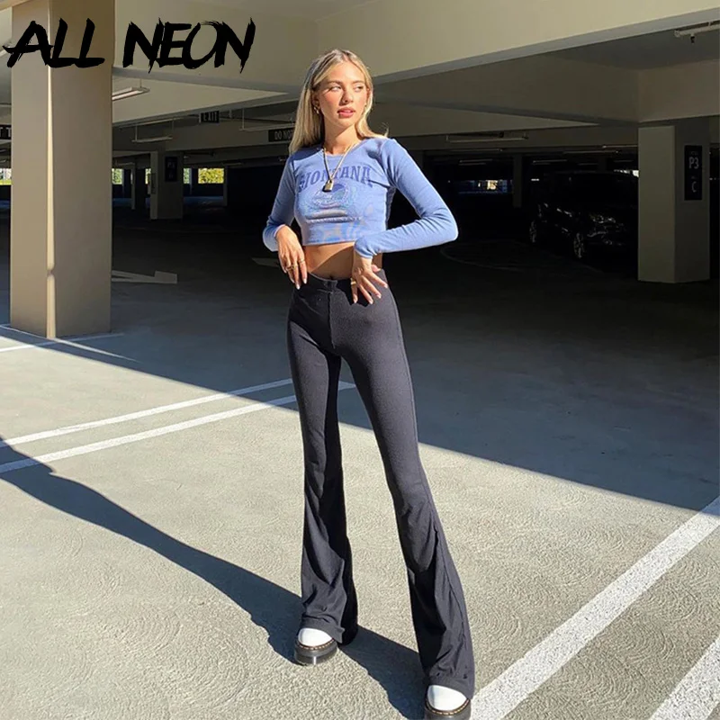 Top Trends: ALLNeon 90s Aesthetics High Waist Black Flare Pants Y2K Streetwear Slim Full Length Basic Trousers Mall Goth Long Pants Women Shoppable Styles