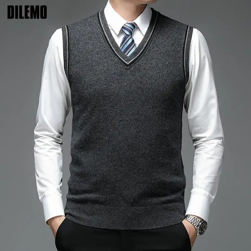 Top Trends: 100% Wool Top Quality New Autum Fashion Brand Solid Pullover Sweater V Neck Knit Vest Men Plain Sleeveless Casual Men Clothing Shoppable Styles