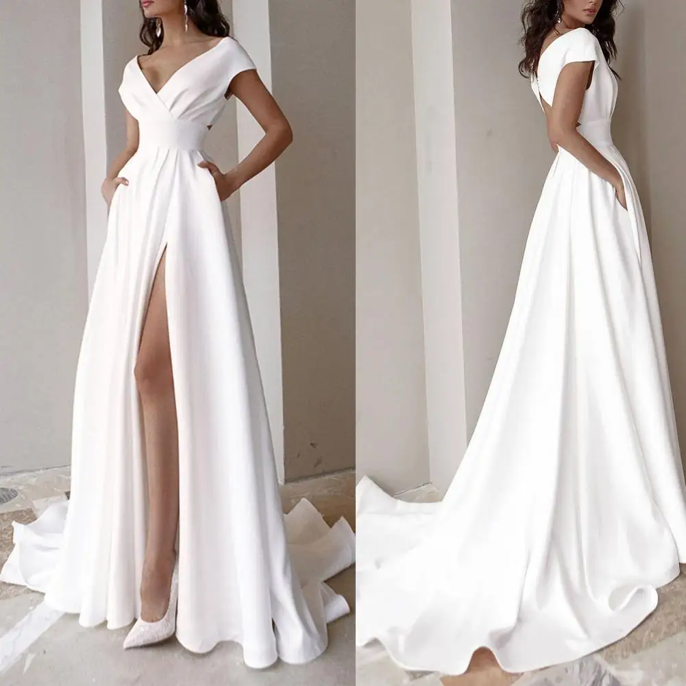 Top Trends: Gown Popular V-neck Side Slit Elegant Dress Lady Formal Dress High Waist For Evening Women&#039;s Dresses White Long Skirt Shoppable Styles