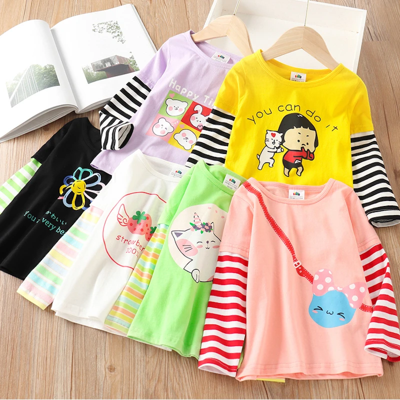 Top Trends: 2023 Spring Autumn Fashion 2 3 4 5 6 7 8 910 Years Cute Cotton Striped Color Patchwork Cartoon Basic T-Shirt For Kids Baby Girls Shoppable Styles