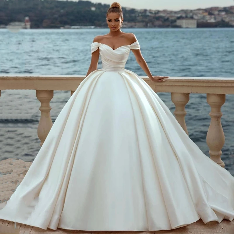 Top Trends: Eightree Sexy White Wedding Dresses 2022 Off Shoulder Sweep Train Bride Dress Lace Up Back Satin Wedding Evening Gowns Plus Size Shoppable Styles