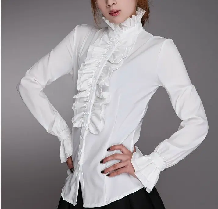 Top Trends: Fashion Victorian Blouses Women OL Office Ladies White Shirt High Neck Frill Ruffle Cuffs Shirts Female Blouse Shoppable Styles