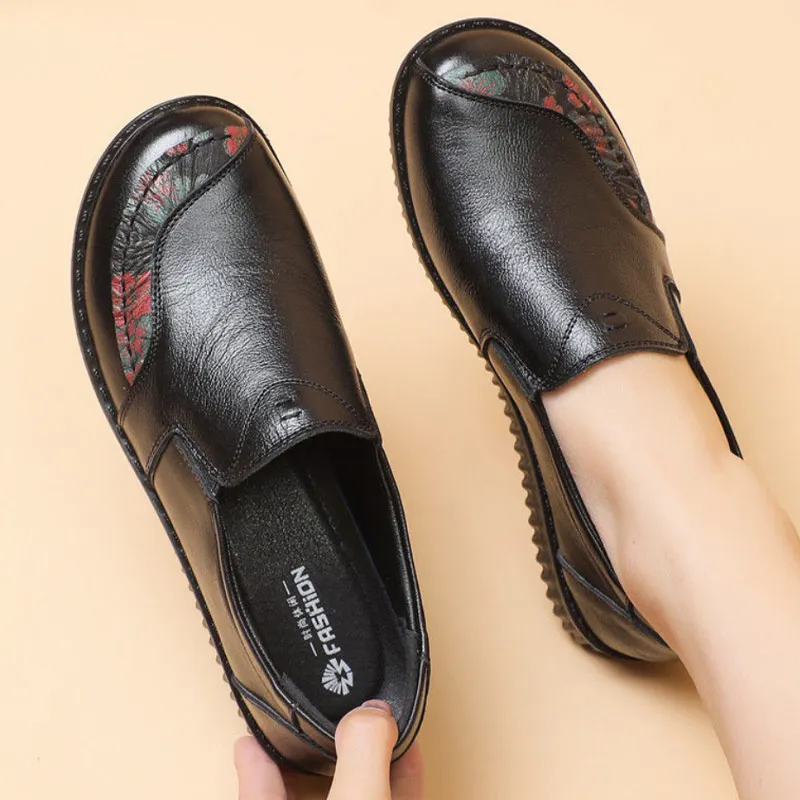 Top Trends: Vintage Genuine Leather Shoes Women Floral Print Ballet Flats Black Ladies Retro Loafers Elderly Flat Shoes Soft Wide Moccasins Shoppable Styles