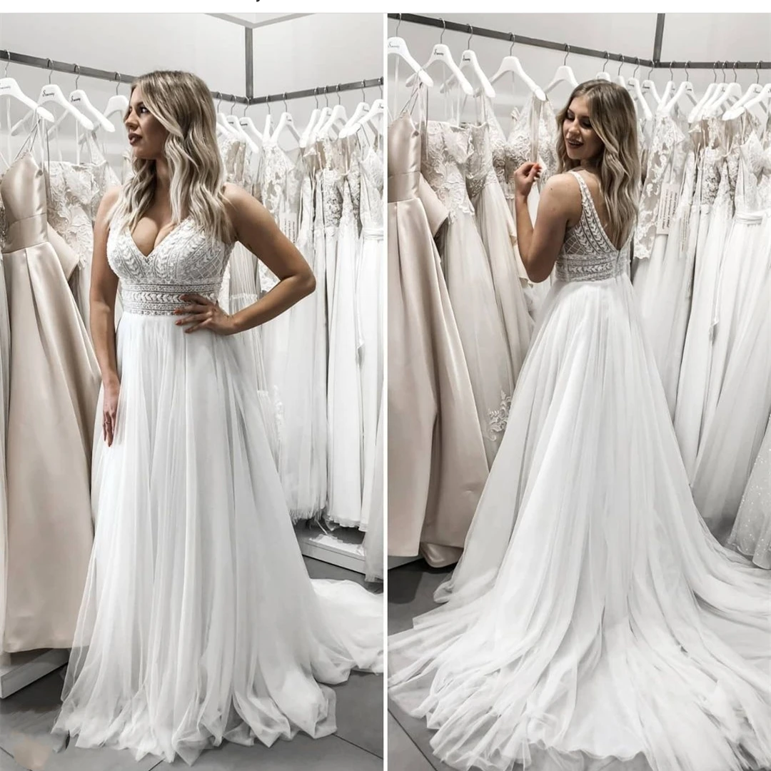 Top Trends: 2021 Elegant Wedding Dress V-Neck Boho A-Line Backless Sweep Train Charming For Women Brides Robe De Mariee Custom Made Vintage Shoppable Styles