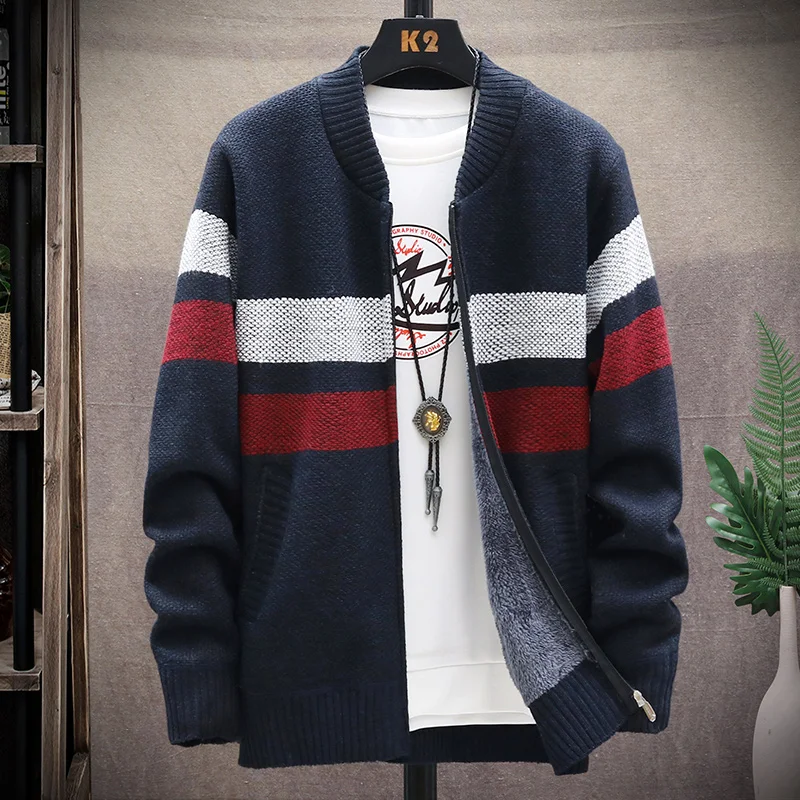 Top Trends: Cardigan Man New Jersey Coat Men's Autumn / winter Fleece Sweater Zipper Fashion Baseball Collar Stripe Jacket Chenille Blazer Shoppable Styles - Image 2