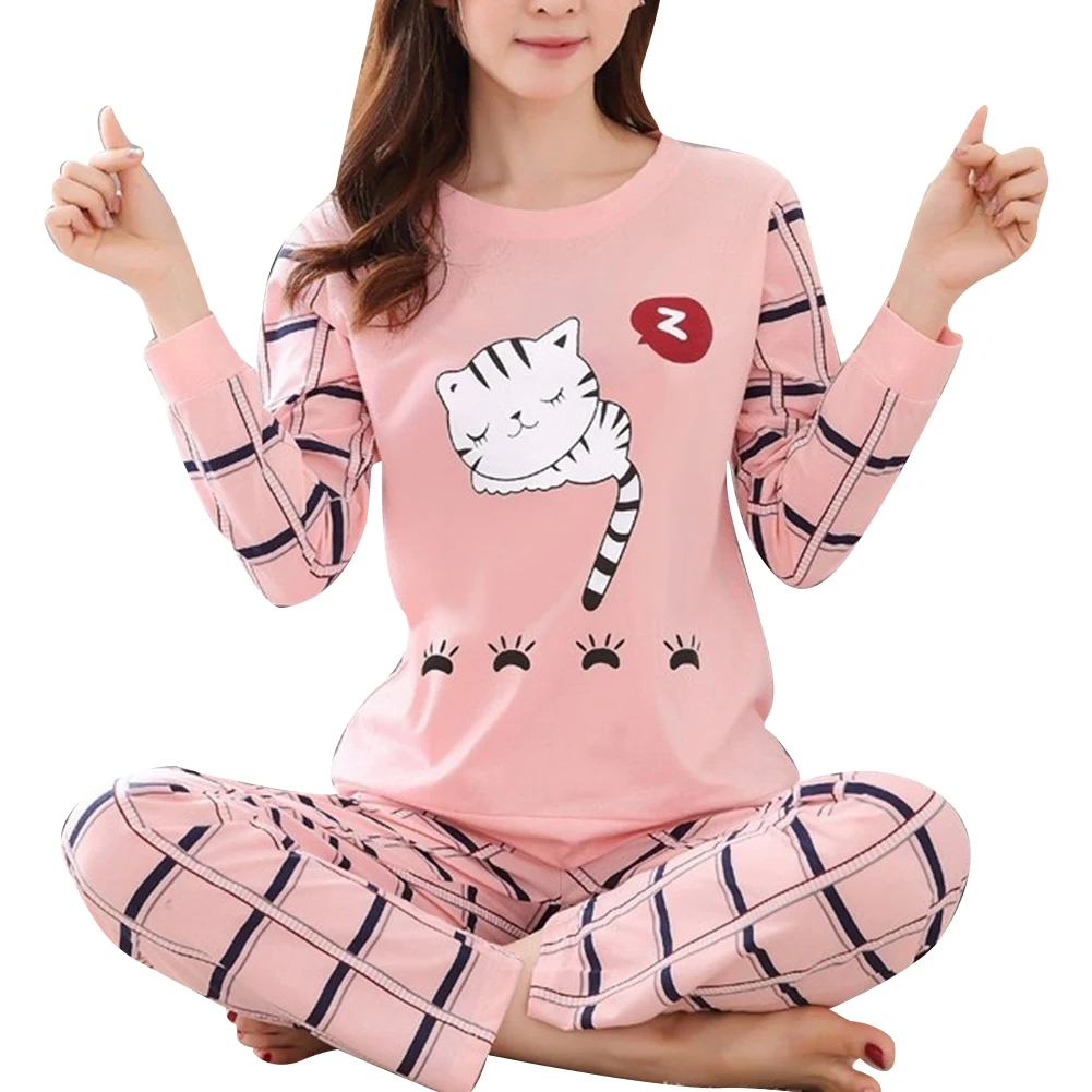 Top Trends: Autumn Thin 2pieces Pyjamas Set For Women Cute Cartoon Cat PrintCotton Round Neck Girls Long Sleeve Full Sleepwear Clothess Shoppable Styles