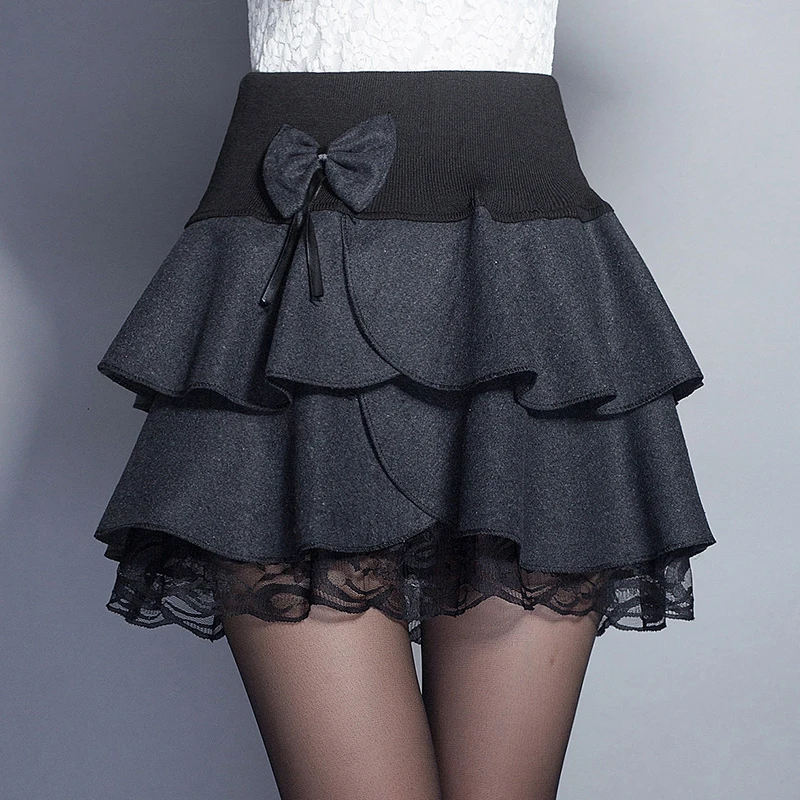 Top Trends: 2020 Elastic High Waist Skirt Women Bowknot Mini Tutu Woman Woolen Skirts Lace Patchwork Ruffles Jupe Femme Office Skirts Winter Shoppable Styles