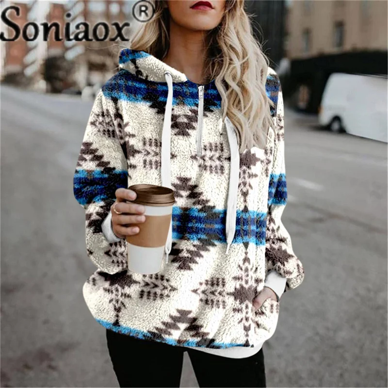 Top Trends: Women Ethnic Print Hooded Sweatshirt 2021 Autumn Winter Warm Long Sleeve Casual Hoodies Collar Female Drawstring Pullovers Tops Shoppable Styles