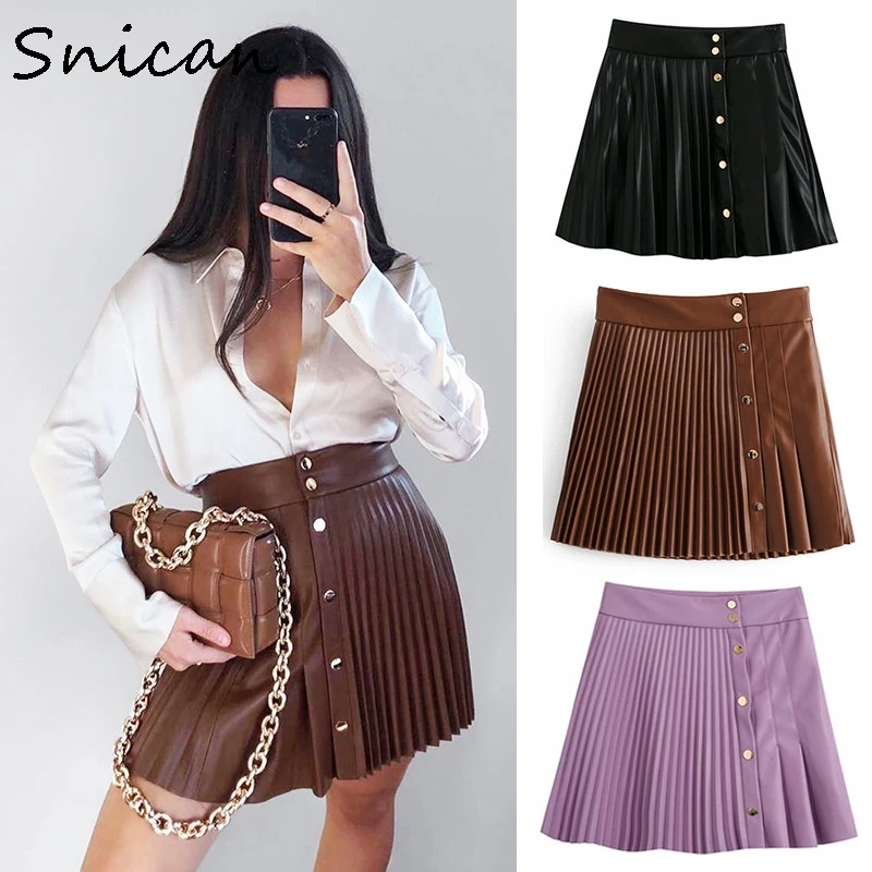 Top Trends: Snican Solid Pu Leather Skirt High Waist Buttons Sexy Mini Pleated Skirt Asymmetrical Fashion Faldas Cortas Women Autumn Bottom Shoppable Styles