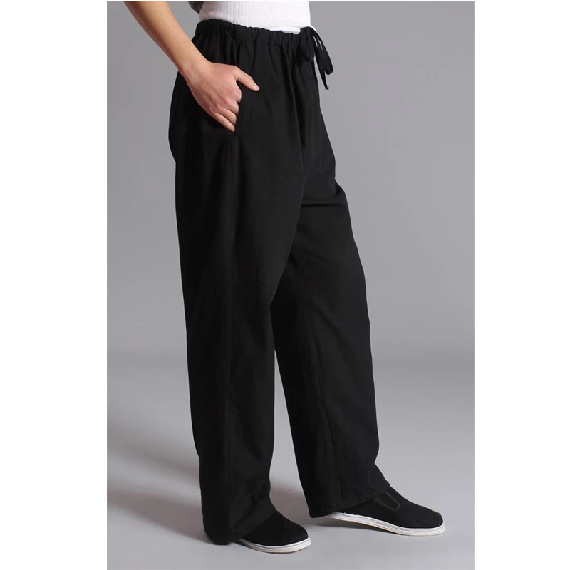 Top Trends: Long Trousers Black Men Pants Cotton Chinese Traditional Men's Kung Fu Pants Wu Shu Tai Chi Elastic Waist Loose Joggers Men Shoppable Styles