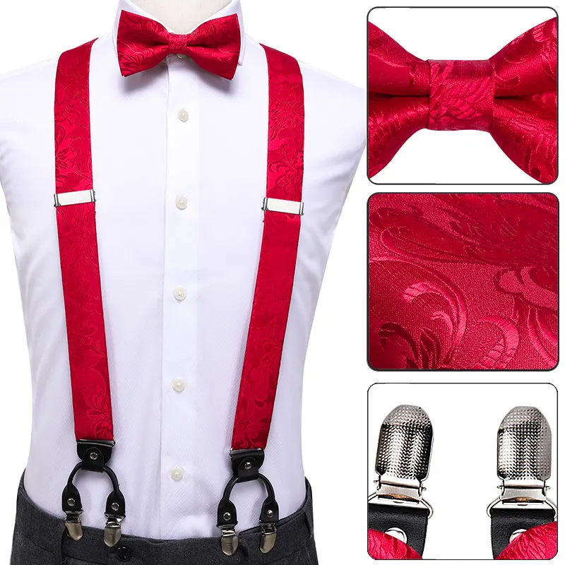 Top Trends: Hi-Tie 100% Silk Adult Men's Red Floral Wedding Suspender Bow Tie Set Vintage Men Fashion Leather Metal 6 Clips Suspender Braces Shoppable Styles