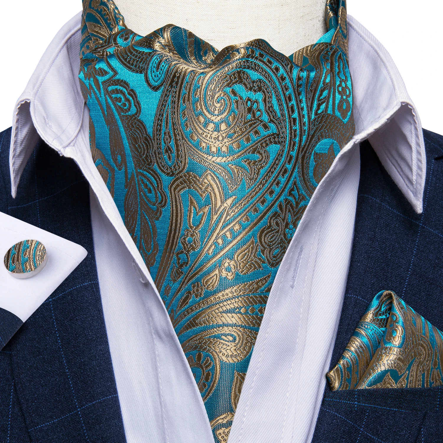 Top Trends: Men Vintage Teal Blue Gold Paisley Formal Ascot Tie Self British Style Gentleman Silk Cravat Necktie Set Hanky Tie Ring DiBanGu Shoppable Styles - Image 4