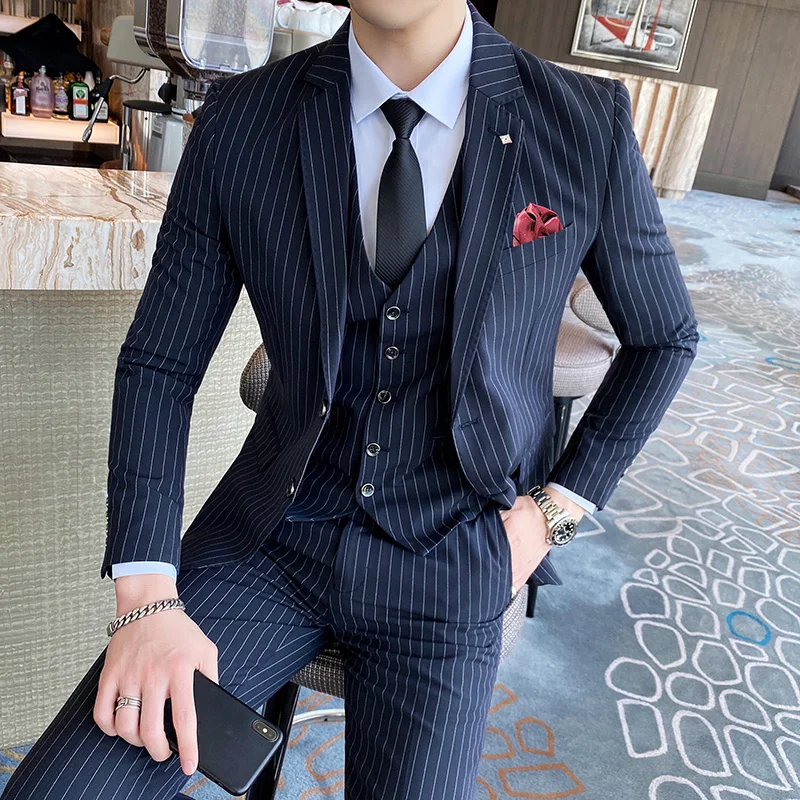 Top Trends: ( Jacket + Vest + Pants ) Luxury Fashion Mens Stripe Casual Business Suit High-end Social Formal Suit 3 Pcs Set Groom Wedding Shoppable Styles