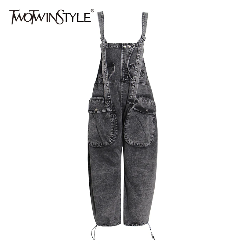 Top Trends: TWOTWINSTYLE Solid Casual Denim Jumpsuit For Women Square Collar Sleeveless Patchwork Pockets Jumpsuits Female 2021 Autumn New Shoppable Styles