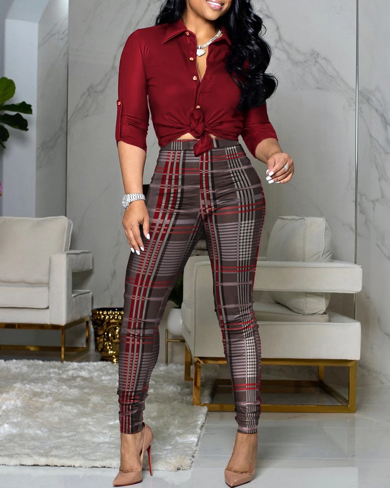 Top Trends: Autumn Women 2 Pieces Plain Print Buttoned Shirt & Plaid Print Pants Set 2023 Femme Knot Front Overalls Office Lady Outfit Traf Shoppable Styles