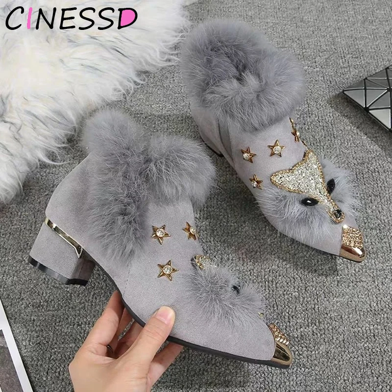 Top Trends: Winter Boots Womens Pointed Metal Ankle Boots Crystal Fox Pattern Women Metal Pointed Toe Glitter Fur Moccasins Bottes Femme Shoppable Styles