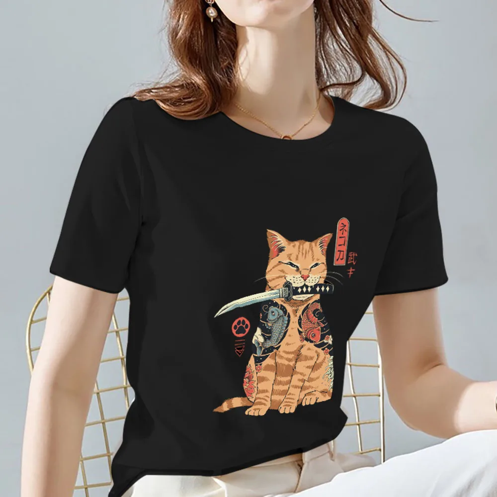 Top Trends: Women's Clothing T-shirt Tops Fashion Casual Cartoon Japanese Orange Cat Pattern Printing Slim Round Neck Commuter Black T-shirt Shoppable Styles