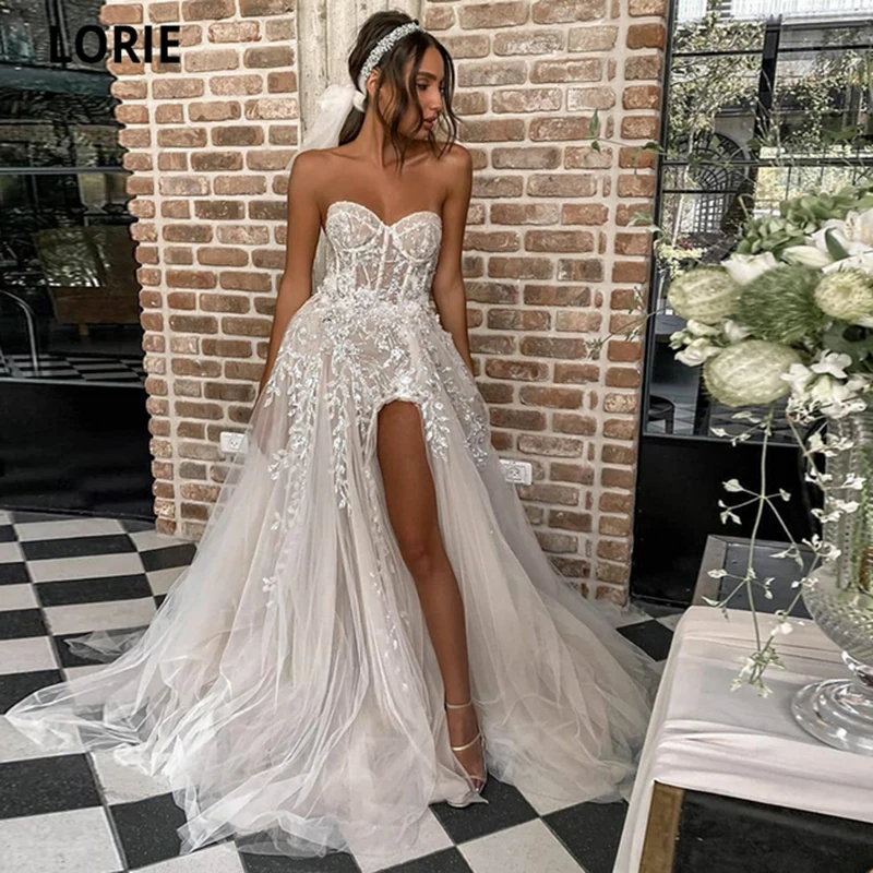 Top Trends: LORIE Sexy Beach Wedding Dresses For Bride Elegant Lace Boho Wedding Gowns Strapless Sleeveless High Split Princess Dresses 2021 Shoppable Styles