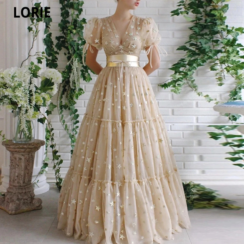 Top Trends: Lorie Champagne Sweet Elegant Prom Dresses V Neck Bow Waistband Star Sequins Tulle A-Line Women Homecoming Party Gowns Shoppable Styles