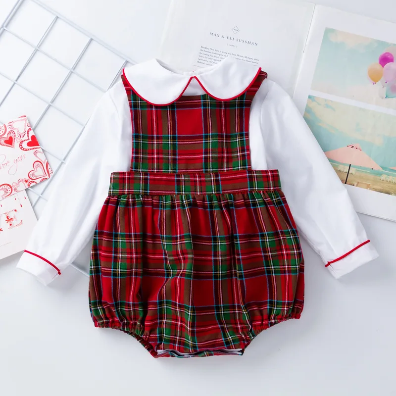 Top Trends: Spring 2Pcs Children Clothes Sets Toddler Girl Long Sleeve White Tops+ Rompers Newborn Red Plaid Jumpsuit Baby Onesies Outfits Shoppable Styles