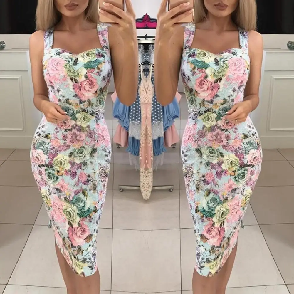 Top Trends: 80% HOT SALES Evening Party Vintage Rose Flower Print Women Sleeveless Bodycon Midi Dress Shoppable Styles