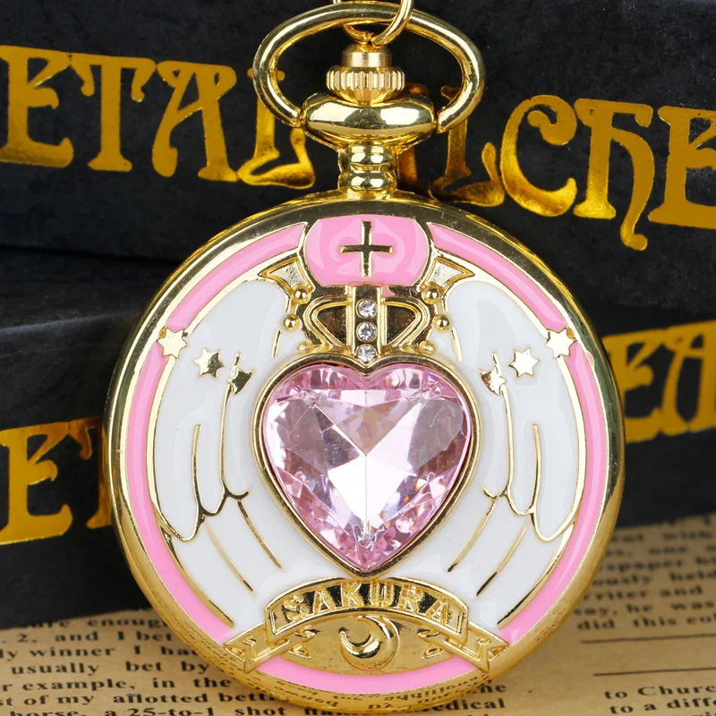 Top Trends: Golden Girly Style Pink Crystal Inlaid Quartz Pocket Watch Ladies Children Necklace Chain Moon Pocket Fob Watches Pendant Gift Shoppable Styles