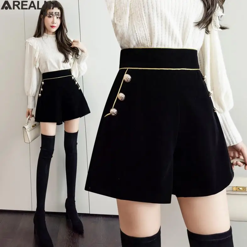 Top Trends: 2023 High Waist Black Women&#039;s Office Shorts Wide Legged A-Line Golden Velvet Shorts Female Korean Style Casual Short Pants S-5XL Shoppable Styles