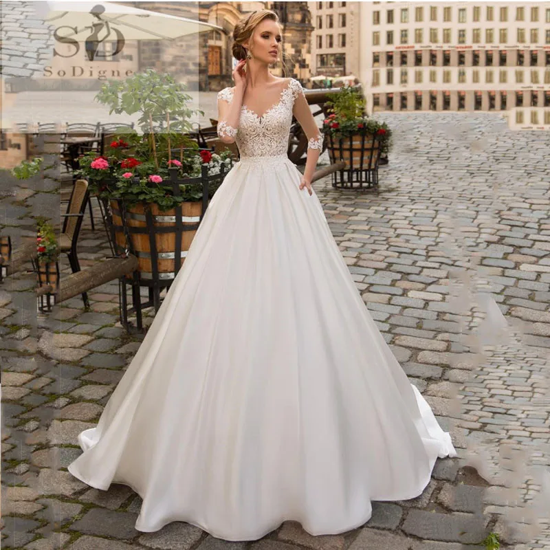 Top Trends: SoDigne 2023 July Wedding Dress Long Sleeve Boho Bride Dresses For Women A Line Ivory Lace Appliques Satin Wedding Gown Shoppable Styles